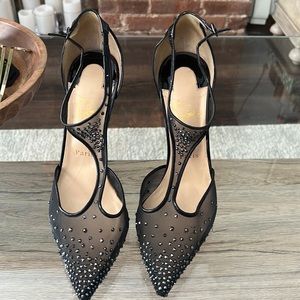 Louboutin Black Patent Leather Embellished Patinana T-Strap Pointed Toe  41.5